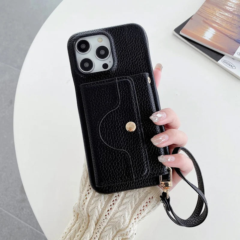 Luxury Leather Card Slot Case With Lanyard